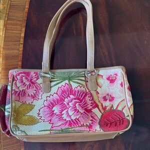 Floral Pink and Tan Bead-accented Women's Bag